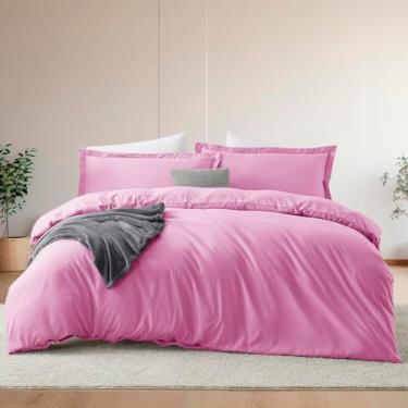 Imagem de Hearth & Harbor Conjunto de capa de edredom e lençol de casal rosa claro, conjunto de cama com 7 peças, macio escovado, inclui capa de edredom, lençol de cima, lençol com elástico, fronhas e fronhas