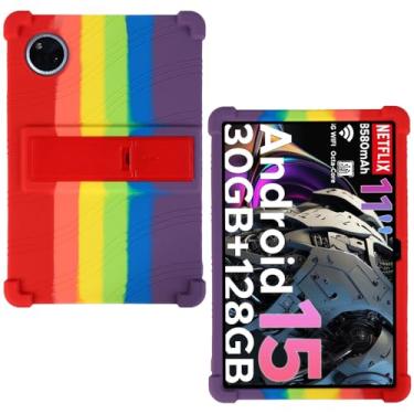 Imagem de AKNICI Capa para tablet DOOGEE Tab A9+ / DOOGEE Tab A9 Pro+ de 11 polegadas, capa protetora pesada de silicone macio com suporte ajustável, arco-íris