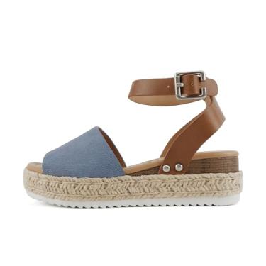 Imagem de Soda Topic Sandália casual com fivela de bico aberto e tira no tornozelo, alpargatas, plataforma plana, Denim/Tan, 34