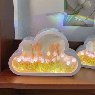 Imagem de Espelho De Tulipa De Nuvem Luz Noturna,espelho De Luz Noturna,candeeiro De Mesa Led Tulip, Lâmpada De Mesa De Dormir De Quarto De Flor De Simulação,enfeites De Mesa De Cabeceira D, Purple