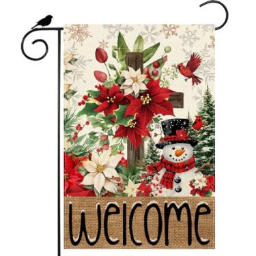 Imagem de ZAEW Bandeira de jardim de boas-vindas cruz de inverno poinsétias boneco de neve pinheiros bandeira de quintal de Natal 30,5 x 45,7 cm dupla face pequeno quintal exterior exterior decoração de festa