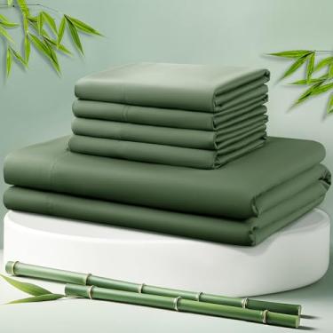 Imagem de LBRO2M Jogo de lençol de cama refrescante 100% viscose derivado de bambu, tamanho Queen, 6 peças, bolso profundo de 40,6 cm, lençol de 1800 fios, supermacio, sedoso, respirável, fresco (Queen Olive