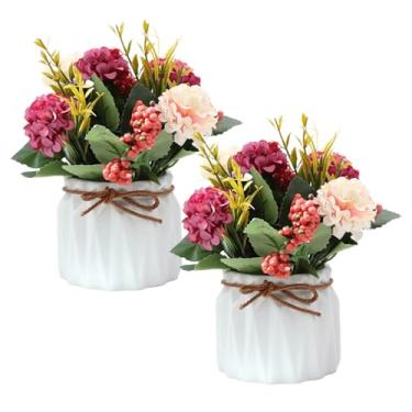 Imagem de YACVRLT 2 peças de mini flores artificiais de Hygrangea em vaso, decorações de mesa de centro pequenas – planta falsa em vaso, decoração de flor de hortênsia sintética para casa, casamento, escritório