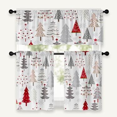 Imagem de Cortinas de cozinha de Natal, 91 cm de comprimento, cortina de árvore de Natal branca para cozinha, conjunto de 3 peças, cortinas de janela de cozinha e sanefas sobre a pia para decoração de cozinhas