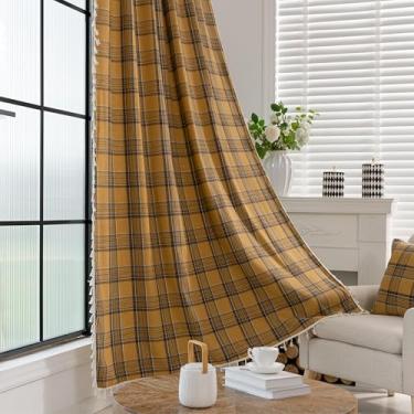 Imagem de Erbnaryx Cortina xadrez 140 cm L x 260 cm C, 2 painéis de filtro de luz privacidade bolso para varão, borlas vintage feito à mão, decoração country. Cortina tartan texturizada drapeada para sala de