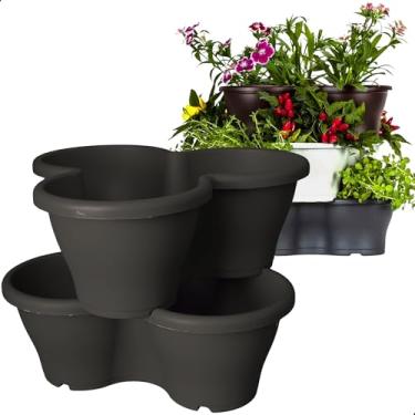 Imagem de Kit 2 Vaso Treviso Preto Empilhável Jardim Vertical 11L Borda Anti Formiga para Plantas Ornamentais, Hortas, Frutas, Temperos, Suculentas e Flores