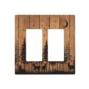 Imagem de LWDZLHD Capa de interruptor de luz dupla de madeira marrom rústica veado cervo pinheiro decorativo casa de fazenda placa de parede 2 gangues placa elétrica para banheiro cozinha quarto decoração 11 x