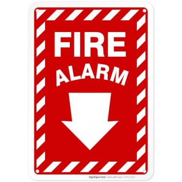 Imagem de Placa de alarme de incêndio, com seta para baixo, 25 x 18 cm, alumínio 040 sem ferrugem, resistente ao desbotamento, feito nos EUA por Sigo Signs