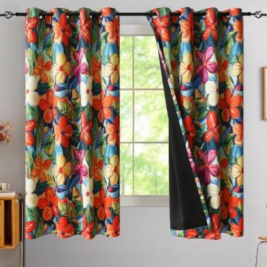 Imagem de Cortinas blecaute tropicais privacidade, padrão floral laranja cortinas coloridas 153 cm de comprimento com amarrações, bloqueio de calor, flores brilhantes hibisco, cortinas de janela para quarto de