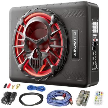 Imagem de AINAVITO Subwoofers finos sob o assento de 25,4 cm para carro/caminhão/SUV | Áudio automotivo com subwoofer alimentado | Amplificador embutido | Controle remoto | Passagem baixa/ganho/impulso/graves