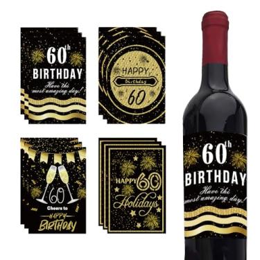 Imagem de Adesivos de aniversário de 60 anos para garrafas de taça de vinho Cheers to 60 anos, artigos de festa de aniversário para adultos, homens, mulheres, preto e dourado, etiquetas para garrafas de água de