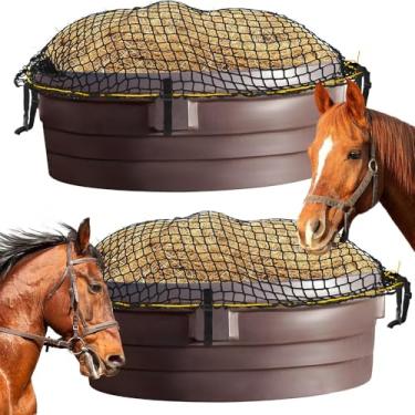 Imagem de MJFSGYO 2 peças de rede de feno de alimentação lenta de 187 x 113 cm, com fivela ajustável, rede de feno grande de nylon durável para cavalos, gado, ovelhas em fazendas e pastagens (tanque de estoque