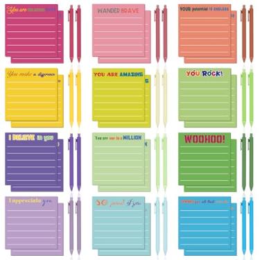 Imagem de Fainne 24 peças de notas adesivas inspiradoras com 24 canetas coloridas, 7,6 x 7,6 cm blocos de motivação a granel mini presente inspirador para professores, estudantes, material de escritório de