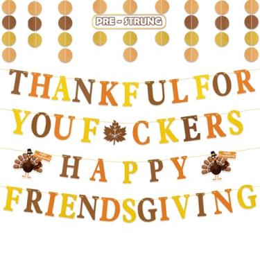 Imagem de Faixa de pré-montagem Happy Friendsgiving Banner Gold Glitter Thankful For You Banners Fall Turkey Maple Leaves Garland Sinais Engraçados Decorações de Ação de Graças Manto Lareira Interior Manto Casa