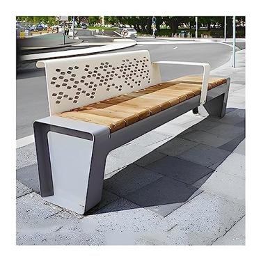 Imagem de Banco externo Banco de parque com apoios de braços, cadeira de banco externo de 199 cm com assentos de ardósia de madeira, estrutura e encosto de aço espesso, banco moderno de lazer ao ar livre bancos