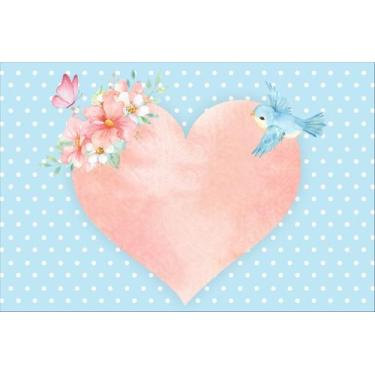 Imagem de Painel de Tecido Sublimado Coração Aquarela Rosa Fundo Poá Azul Flores
