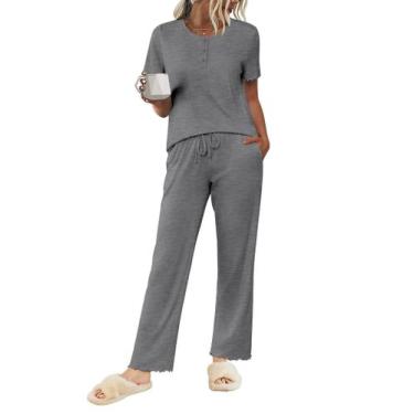 Imagem de Conjunto de pijama Ekouaer para mulheres de manga curta com botões XXL