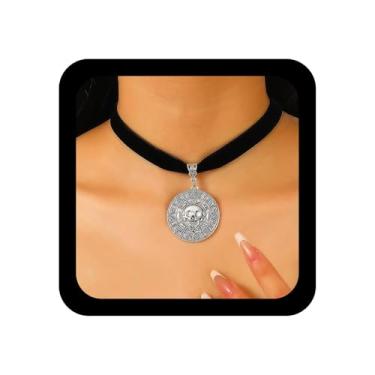 Imagem de Ximdble Colar gargantilha vintage de veludo preto, moeda, disco, pingente, retrato, moeda, gargantilha, colar curto de couro preto, boêmio, camurça, clavícula, joia para mulheres