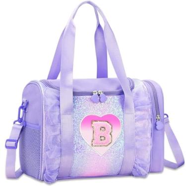Imagem de Bolsa de dança com monograma personalizada para meninas – Mochila Oxford leve resistente à água para crianças de 3 a 6 anos para balé, festa do pijama e ginástica, Roxa, B