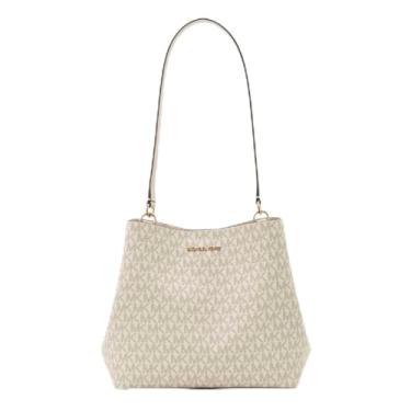 Imagem de Michael Kors Pratt Bolsa de ombro com logotipo de assinatura média (creme claro), Creme claro
