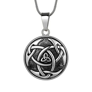 Imagem de Colar de nó celta, pingente viking - chifre de odin triplos nórdicos celta lua crescente de chifre Oden masculino 316L aço inoxidável triskelion amuleto estanho proteção tribal joia triskele viking,