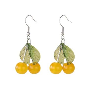 Imagem de Brincos femininos pendentes de acrílico com pingente de cereja folheados a prata resina verde folha verde doce adorável comida fruta borla brinco pendente leve chique anzol de peixe Natal Natal outono