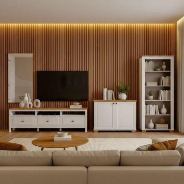 Imagem de Conjunto 4 Peças Rack, Estante, Armário e Espelho Madeira Maciça Ananda Cabecasa Madeiramadeira Off White/Mel