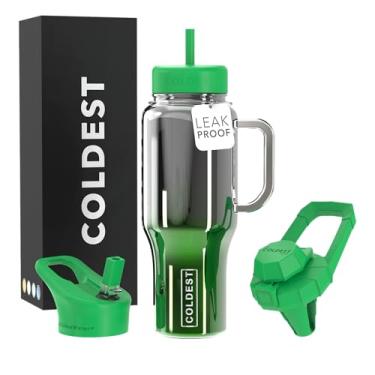 Imagem de Copo Coldest com alça e canudo - Copo 100% à prova de derramamento com canudo (3 tampas) - Copos isolados de aço inoxidável à prova de vazamento para mulheres e homens - Adequado para porta-copos