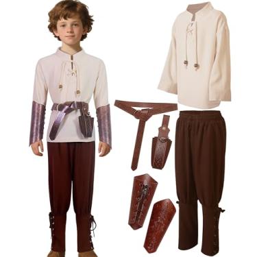 Imagem de Boys Medieval Renaissance Costume Sets Kids Viking Accessories Dress Up for Halloween-Beige Tops Brown Pants L
