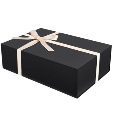 Imagem de Brothersbox Caixa de presente preta 35 x 23 cm x 11 cm Caixas de presente grandes para presentes com tampa magnética, fita, caixas dobráveis para embalagem de presente Dia das Mães, Natal, aniversário