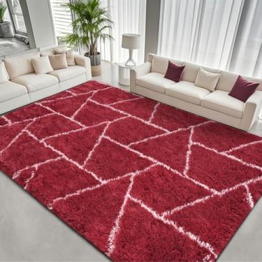 Imagem de FALARK Tapetes grandes de 20 x 25 cm para sala de estar e quarto, tapete grande geométrico macio macio de pelúcia vermelho branco lavável, antiderrapante, felpudo para sala de jogos, dormitório