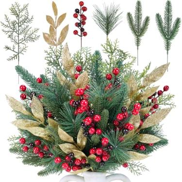 Imagem de Winlyn 70 peças sortidas de hastes de vegetação de Natal ramos de pinheiro artificiais, palitos de cedro perenes, hastes de frutas vermelhas, agulhas de pinheiro, sprays de folhas com glitter, 15 a 32