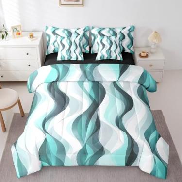 Imagem de Erosebridal Conjunto de edredom King com linhas geométricas azul-petróleo, cama listrada turquesa em uma bolsa para mulheres e homens adultos minimalistas, colcha de arte moderna geométrica estética