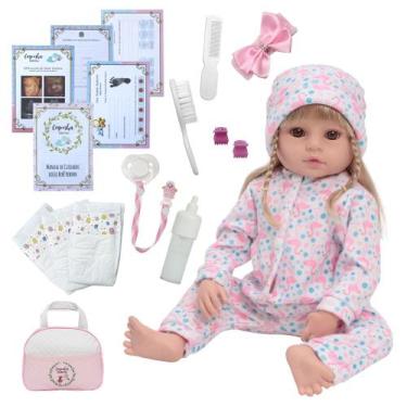 Imagem de Boneca Reborn Bebê Loira Pijama Flamingo Com Bolsa Itens - Cegonha Ata