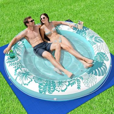 Imagem de Flutuador inflável de bronzeamento para piscina com lona de proteção, flutuadores de piscina de 190,5 cm x 190,5 cm adulto com travesseiro, boia de jangada de banheira de bronzeamento 6 em 1, água
