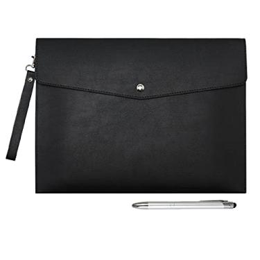 Imagem de Wonderpool A4 PU Envelope de couro para documentos, portfólio de arquivos, pastas de grande capacidade, bolsa de viagem para papelaria de papelaria, organizador de papelaria e capa para tablet (preta)