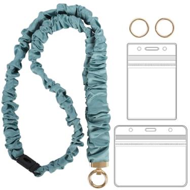 Imagem de YAVVOZH Cordão Scrunchie Breakaway com suporte de identidade, cordões elásticos para crachás de identificação, verde lago