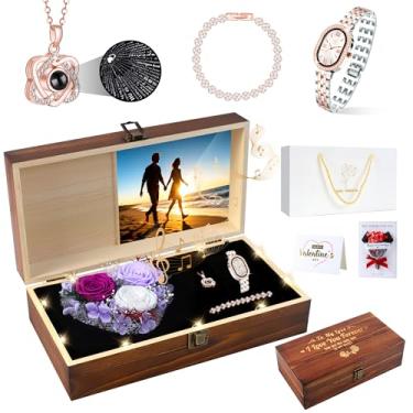 Imagem de Pasuvsigt Flores para entrega com colar I Love You, relógio, pulseira, buquês de rosas vermelhas e roxas duram 1-3 anos, presentes de flores de aniversário feitos à mão para mulheres, esposa, namorada