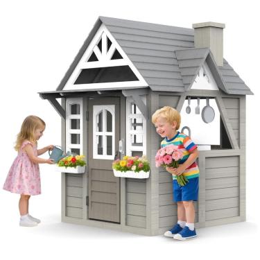 Imagem de Casa de Madeira para Crianças YOFE: Espaçosa e Divertida, com Cozinha, Campainha e Fogão. Ideal para Brincar ao Ar Livre!