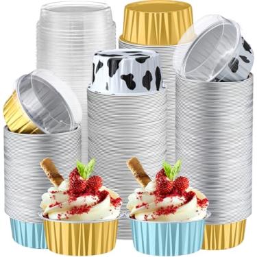 Imagem de Gandeer Pacote com 200 forros de cupcake de folha de alumínio com tampas, copo redondo de 142 g para festa de casamento, ramekin de torta descartável, recipiente para mini latas de bolo (azul menta
