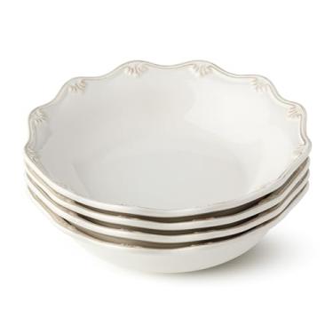 Imagem de Heritage Scroll Tigelas de sopa de 850 g, conjunto de 4 – Grés elegante com design de rolagem em relevo – Tigelas de borda larga marfim para pimenta, macarrão, ramen e ensopados – Segura para
