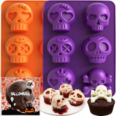 Imagem de Moldes de caveira para assar, 2 pacotes de formas de silicone de Halloween com 100 unidades de sacos de petiscos, 6 formas de caveira diferentes cobertas de chocolate Oreos molde de biscoito para