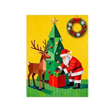 Imagem de Quadro parede Natal-Impressões em tela-Árvore veado cubista-Pintura decoração festiva para sala de estar cozinha 60x80cm Sem Moldura