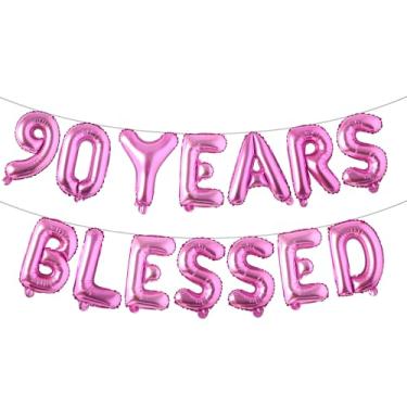 Imagem de 90 Years Blessed Banner de balão multicolorido com glitter, decorações de festa de aniversário de 90 anos/casamentos, cenários de sinalização (90 YEARS BLESSED Rose Red)
