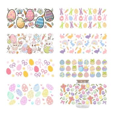 Imagem de Decalques DTF UV Happy Easter - 8 Folhas de Coelho da Primavera Ovos de Páscoa Uvdtf Envoltórios de Copo para Garrafa de Água de Vidro de 473 ml, Coelho Fofo, Adesivos de Transferência DIY Caneca de