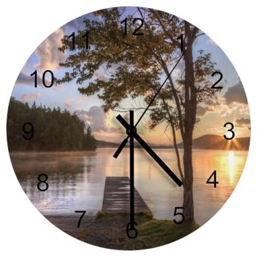 Imagem de LOMADIA Relógio de parede de madeira com natureza cênica, paisagem natural de lago, árvore, floresta, belo cenário de 30 cm, silencioso, sem tique-taque, operado por bateria, relógio redondo para