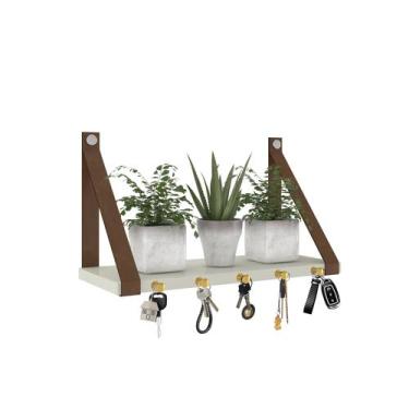 Imagem de Prateleira Porta Chaves Suporte MDF de Parede Alça de Couro - MD MUNHO