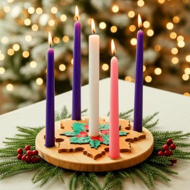Imagem de Lounsweer 6 peças de suporte de vela de guirlanda do advento de Natal com 5 velas de madeira para presépio decoração rústica do advento para velas de Natal, decorações de centro de mesa, presente