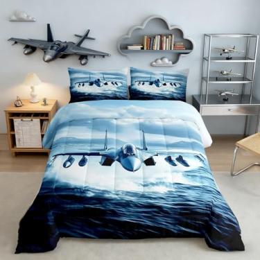 Imagem de Jogo de cama casal de aeronaves voando sobre o mar, para decoração de quarto de meninos e homens, conjunto de colcha de avião 3D realista, 3 peças, enchimento de edredom de veículo voador militar, 2