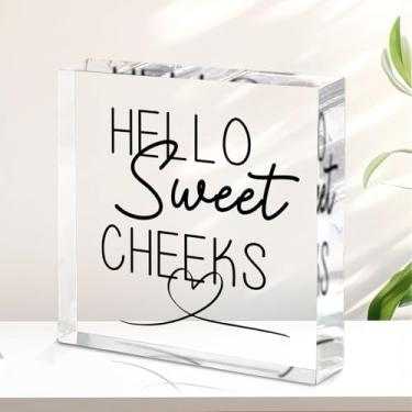 Imagem de Decoração engraçada e fofa de placa de banheiro - decoração de acrílico Hello Sweet Cheeks, decoração de mesa de fazenda rústica para banheiro, banheiro, penteadeira - Arte de parede de banheiro e